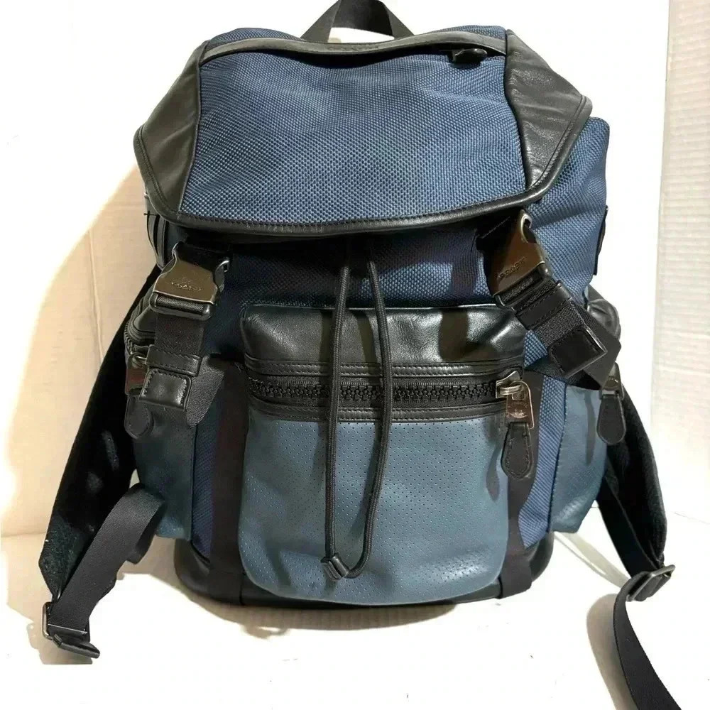 Coach unisex navy blue black leather nylon backpack